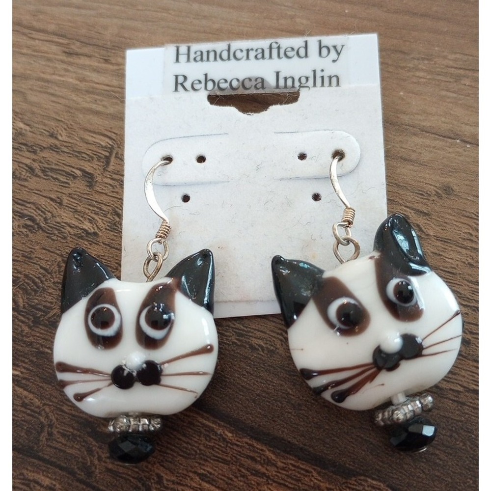Handcrafted Glass/Beaded Cat Dangling Earrings by Rebecca Iglin Silver Hooks NEW